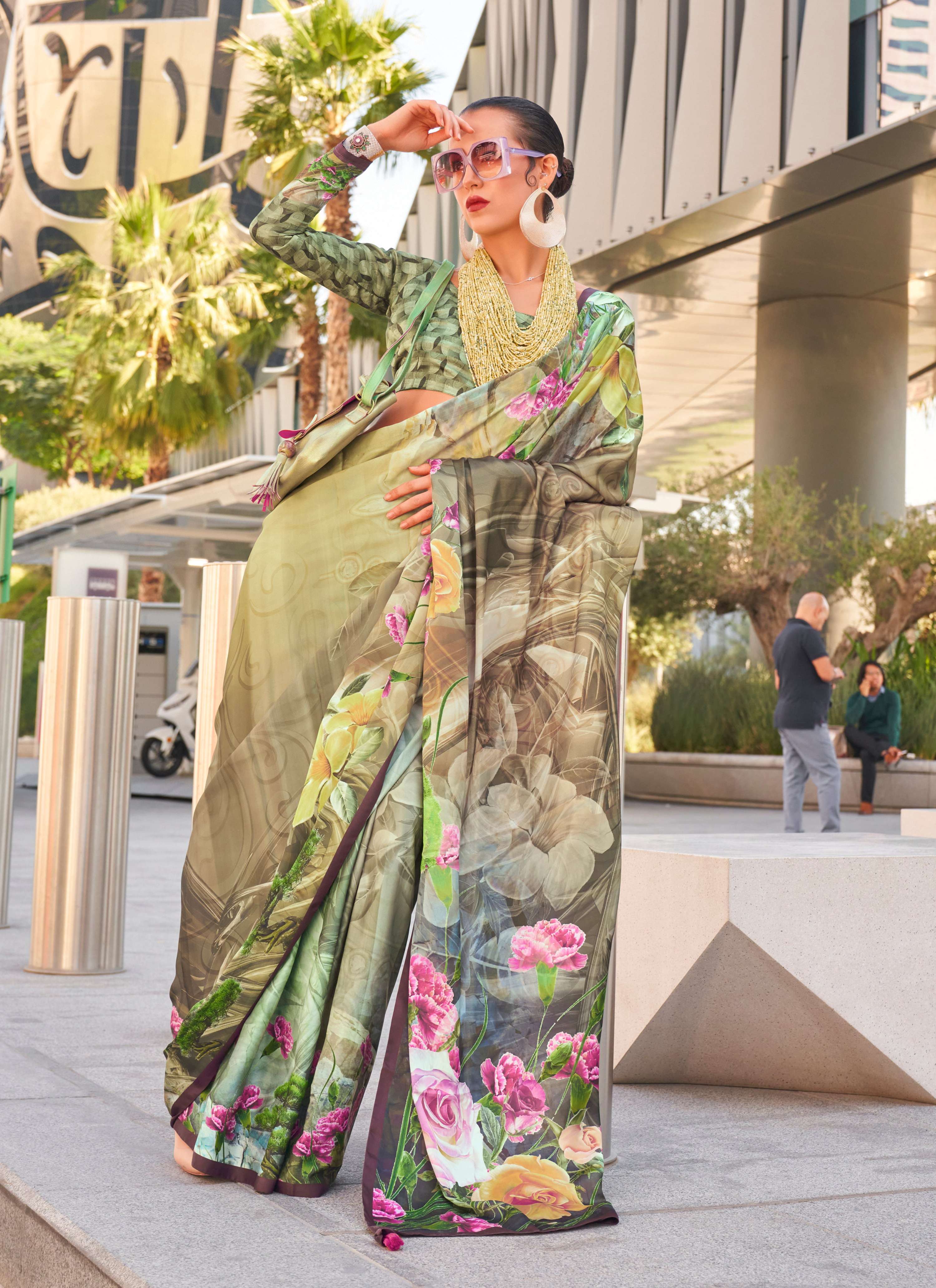 Monjolika Fashion Light Yellow Color Swiss Satin Printed Saree With Blouse