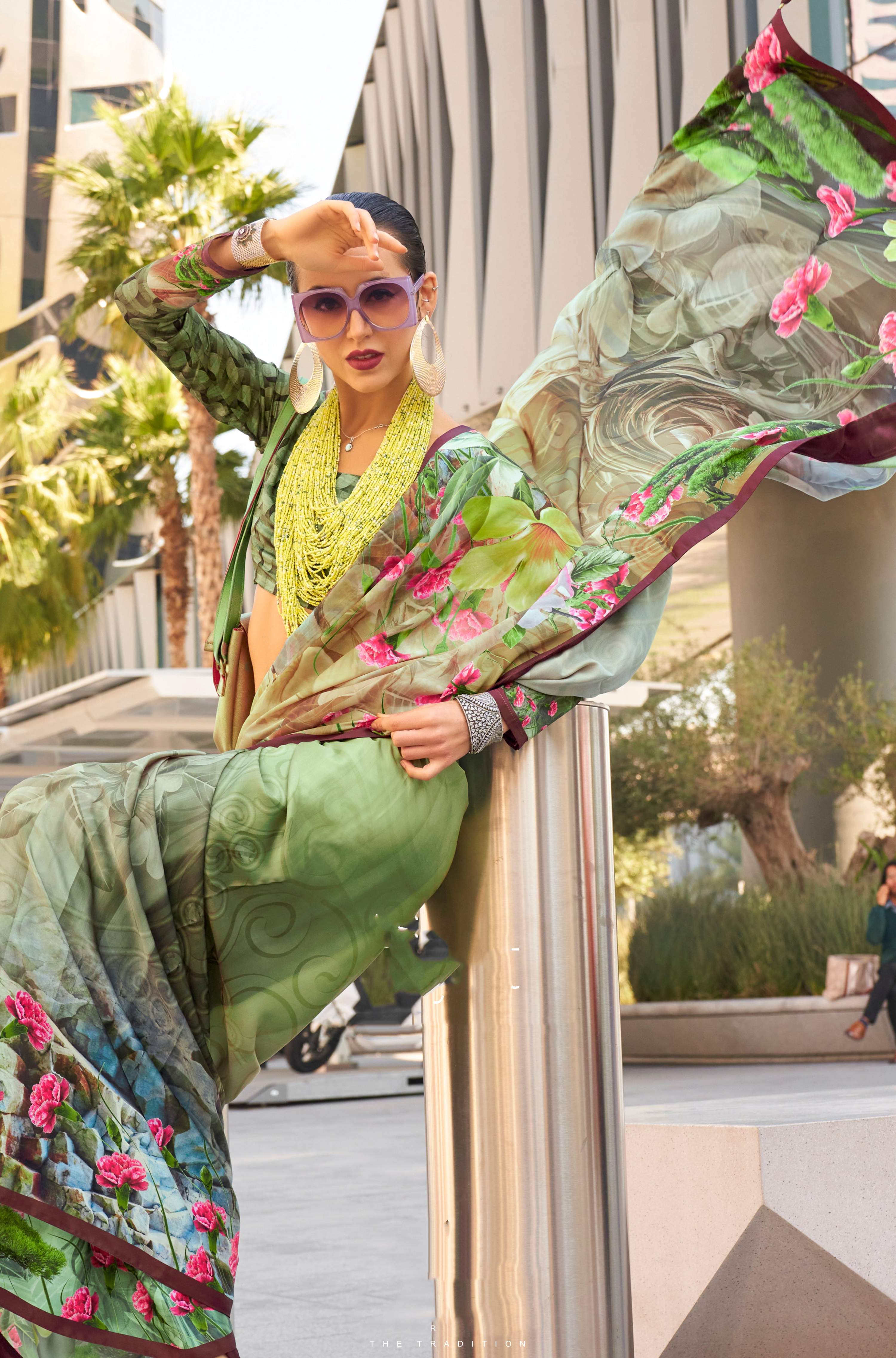 Monjolika Fashion Light Yellow Color Swiss Satin Printed Saree With Blouse