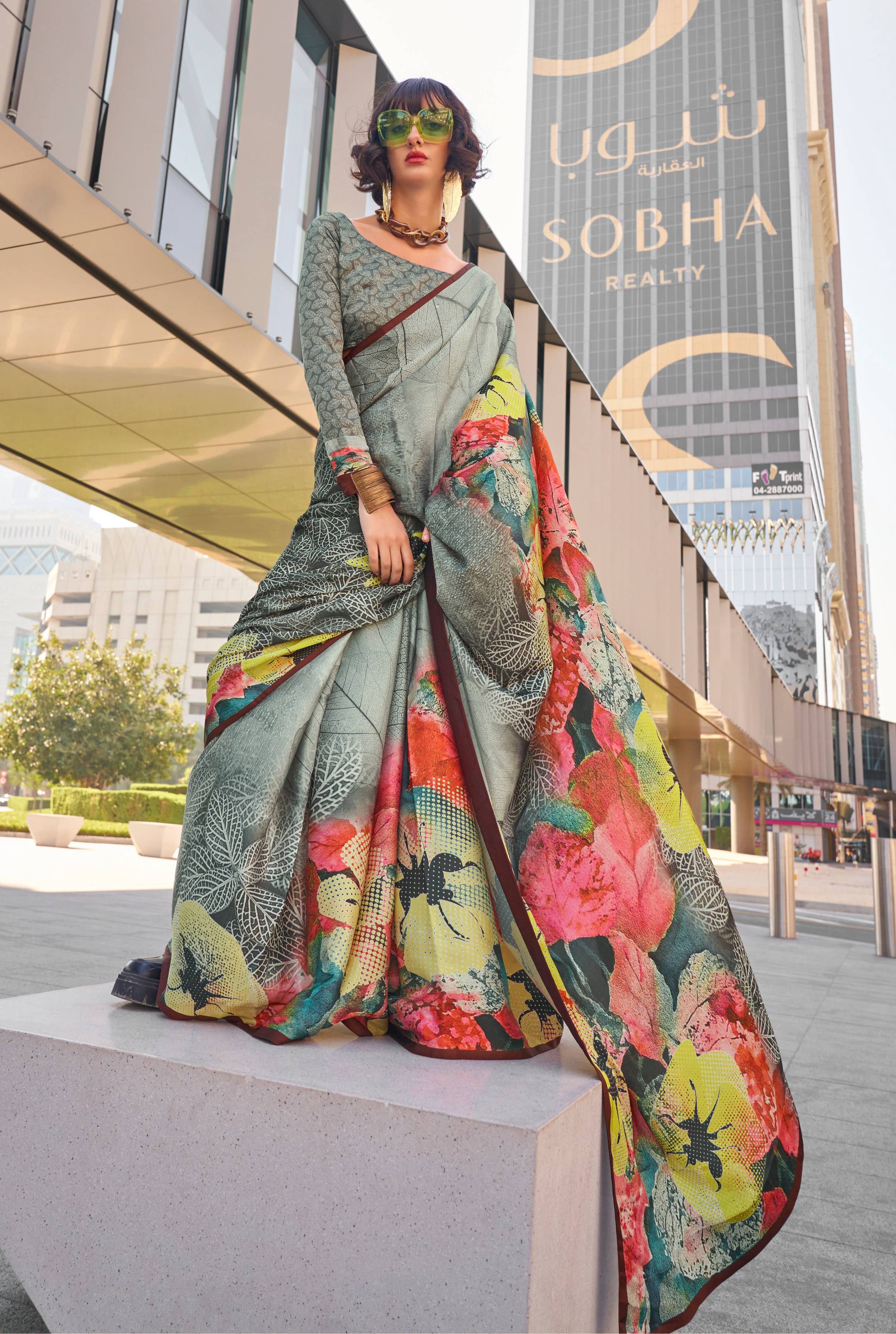 Monjolika Fashion Grey Color Swiss Satin Printed Saree With Blouse