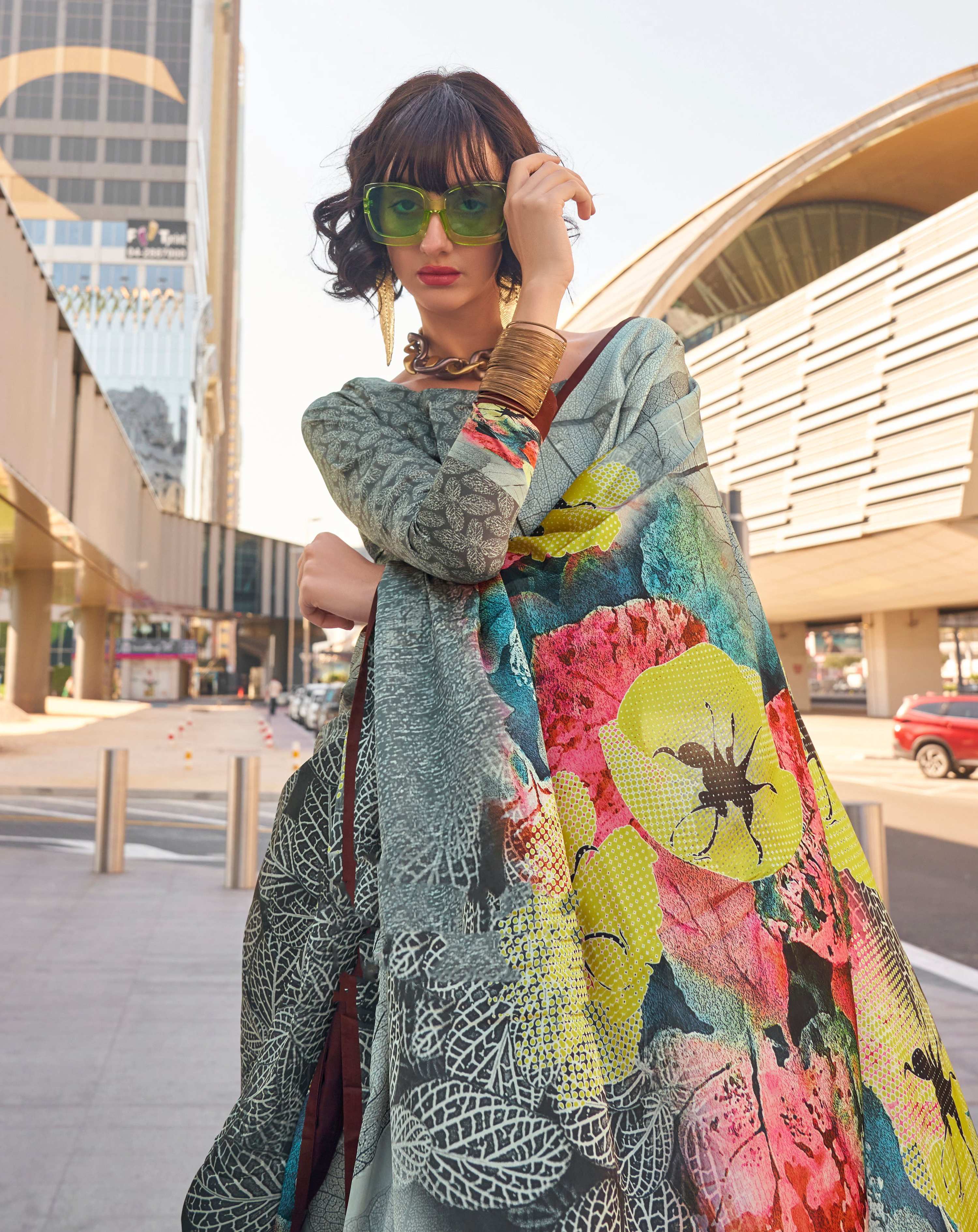 Monjolika Fashion Grey Color Swiss Satin Printed Saree With Blouse