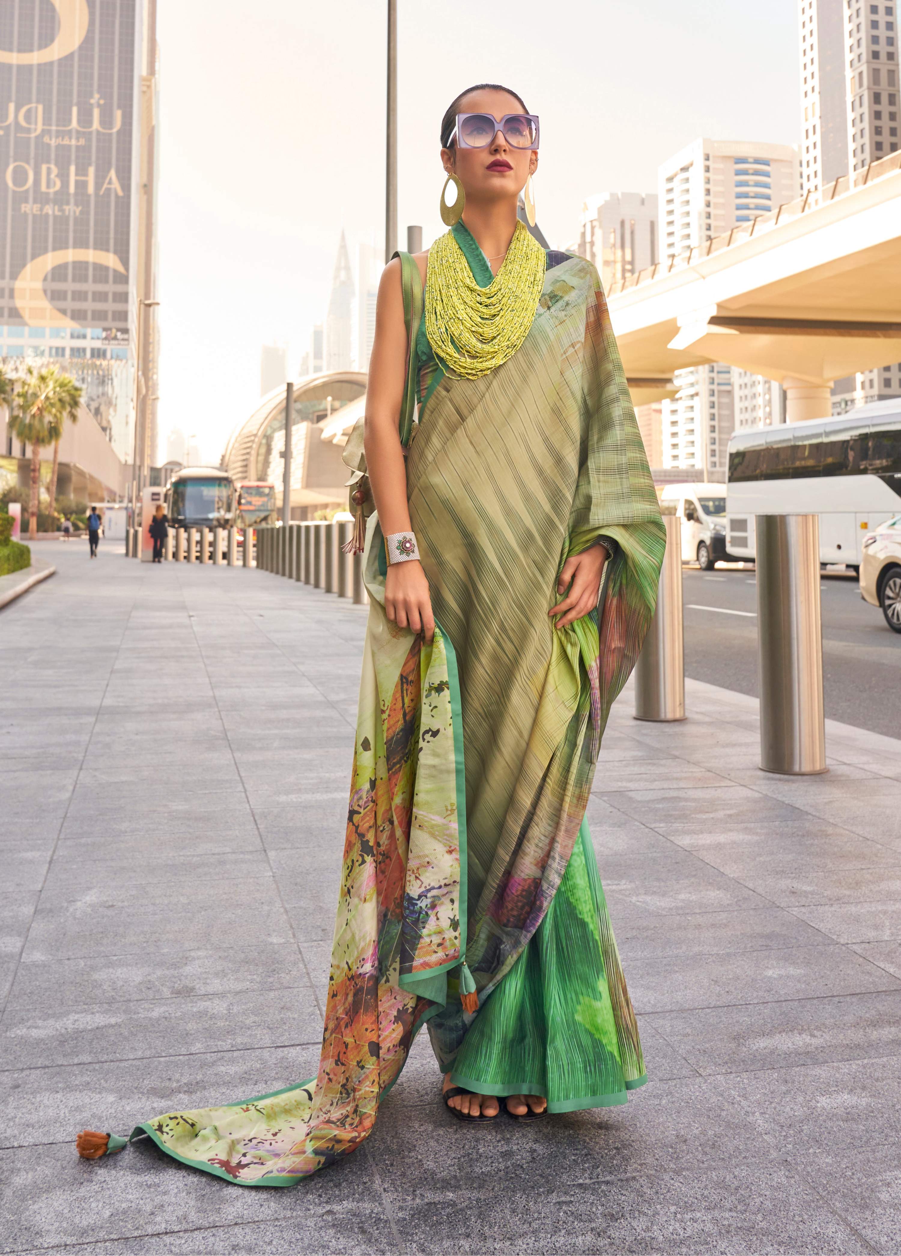 Monjolika Fashion Beige Color Swiss Satin Printed Saree With Blouse