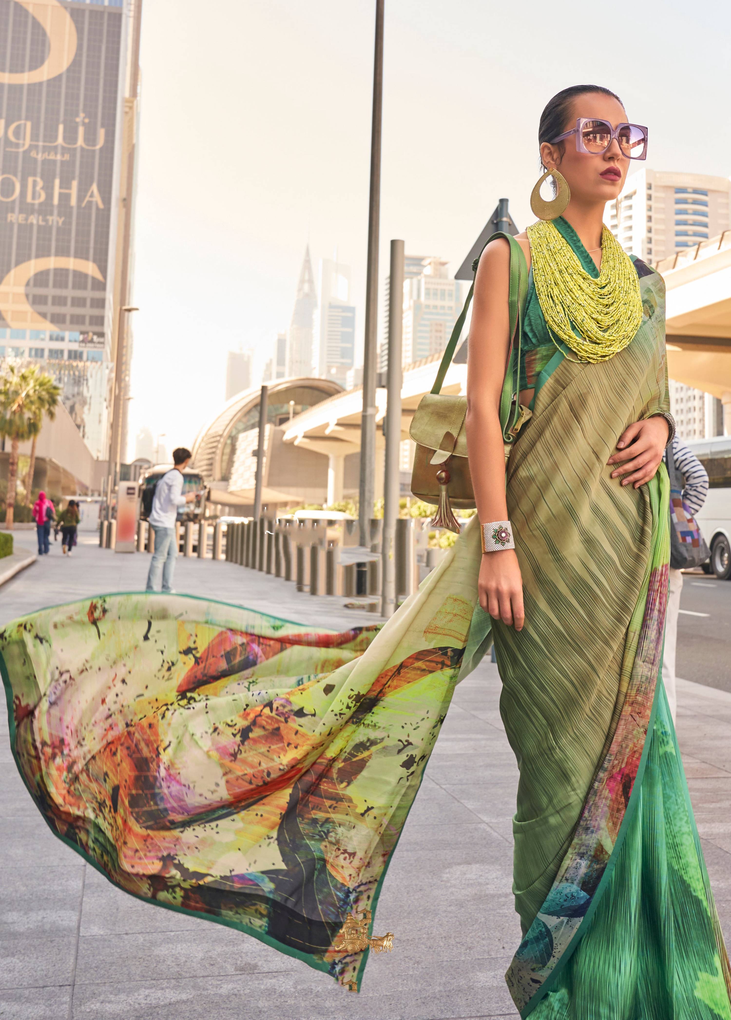 Monjolika Fashion Beige Color Swiss Satin Printed Saree With Blouse