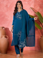 Thumbnail for Joban Fashion Teal Silk Embroidery Readymade Kurta Set - Distacart