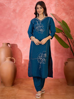 Thumbnail for Joban Fashion Teal Silk Embroidery Readymade Kurta Set - Distacart
