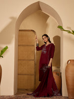 Thumbnail for Joban Fashion Maroon Silk Embroidery Readymade Kurta Set - Distacart