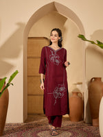 Thumbnail for Joban Fashion Maroon Silk Embroidery Readymade Kurta Set - Distacart
