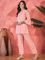 Thumbnail for Joban Fashion Peach Cotton Embroidery Readymade Kurta Set - Distacart