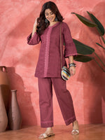 Thumbnail for Joban Fashion Maroon Cotton Embroidery Readymade Kurta Set - Distacart