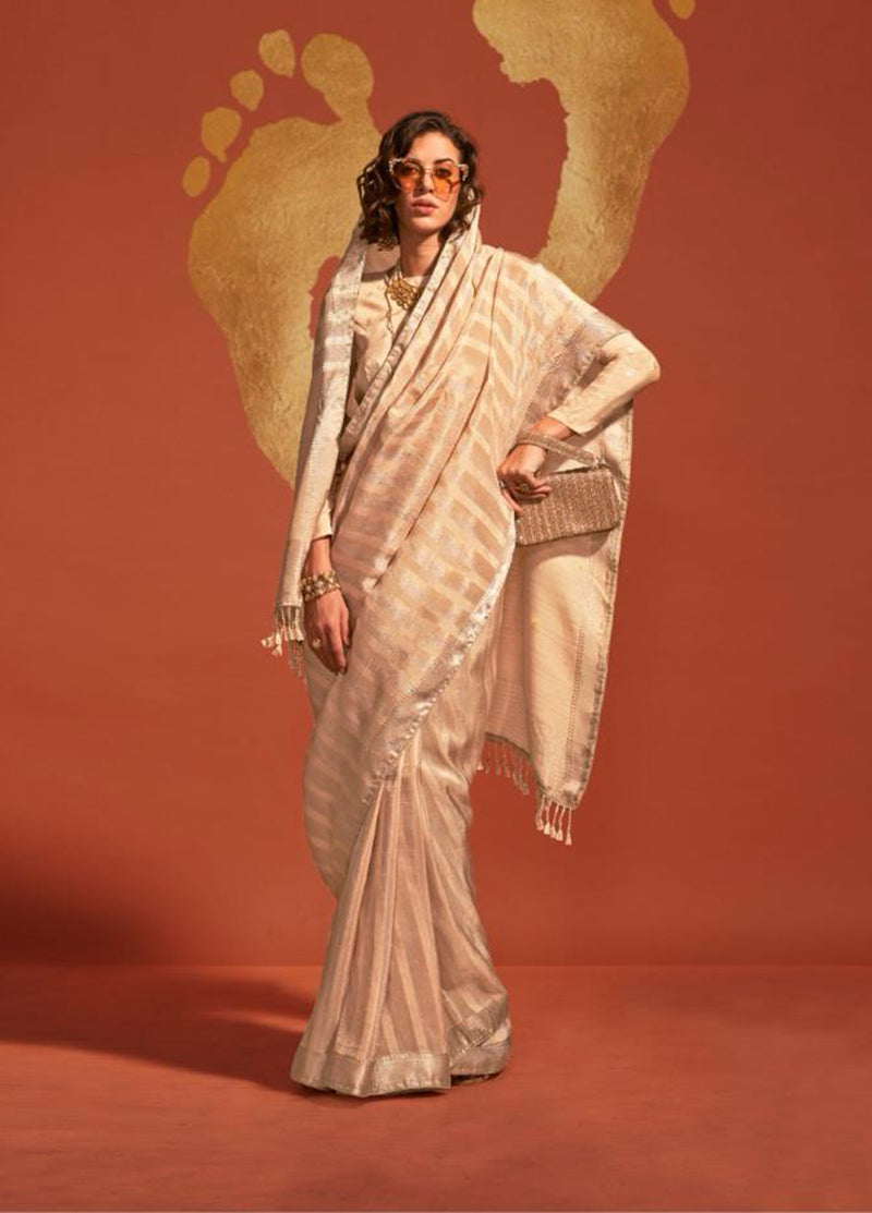 Monjolika Fashion Beige Color Viscose Handloom Silk Weaving Saree With Blouse - Distacart