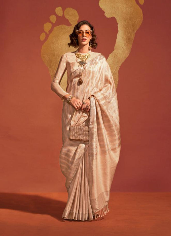 Monjolika Fashion Beige Color Viscose Handloom Silk Weaving Saree With Blouse