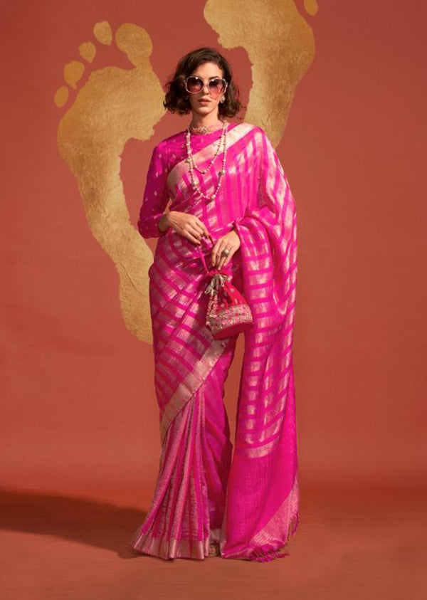 Monjolika Fashion Magenta Color Viscose Handloom Silk Weaving Saree With Blouse