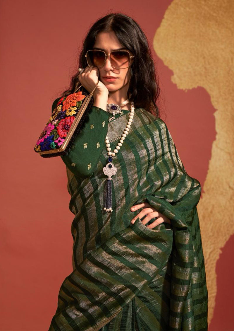Monjolika Fashion Dark Green Color Viscose Handloom Silk Weaving Saree With Blouse - Distacart