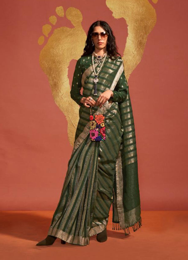 Monjolika Fashion Dark Green Color Viscose Handloom Silk Weaving Saree With Blouse