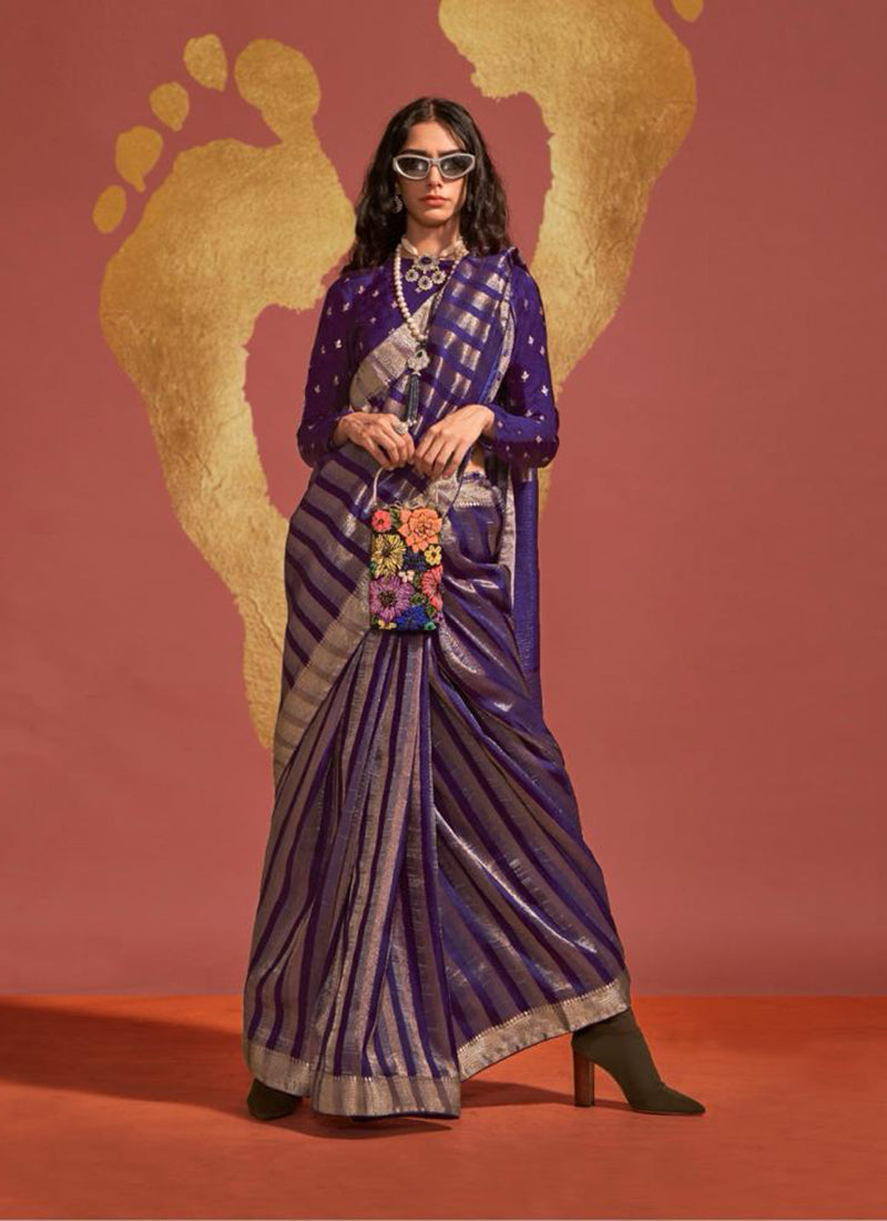 Monjolika Fashion Dark Violet Color Viscose Handloom Silk Weaving Saree With Blouse