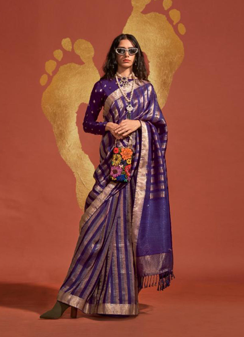 Monjolika Fashion Dark Violet Color Viscose Handloom Silk Weaving Saree With Blouse