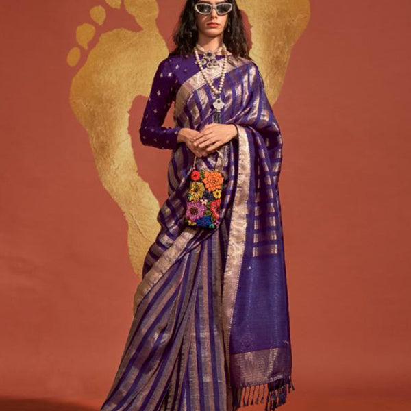 Monjolika Fashion Dark Violet Color Viscose Handloom Silk Weaving Saree With Blouse - Distacart