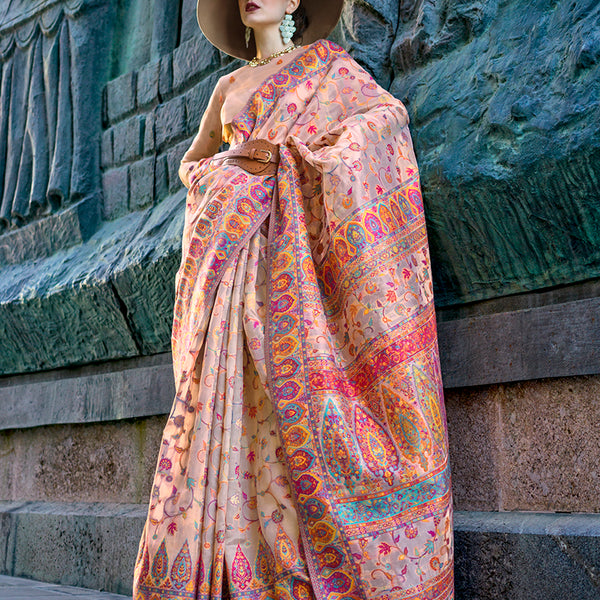 Monjolika Fashion Beige Color Kashmiri Organza Pashmina Silk Saree With Blouse - Distacart