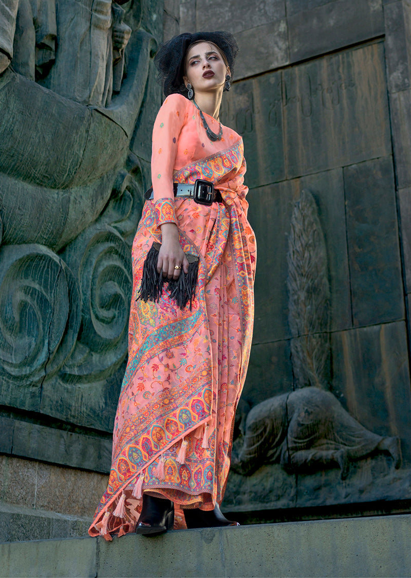 Monjolika Fashion Peach Color Kashmiri Organza Pashmina Silk Saree With Blouse