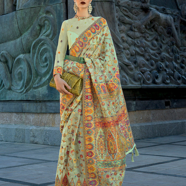 Monjolika Fashion Pear Green Color Kashmiri Organza Pashmina Silk Saree With Blouse