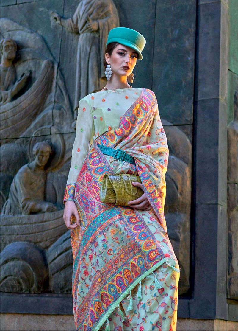 Monjolika Fashion Light Cyan Color Kashmiri Organza Pashmina Silk Saree With Blouse