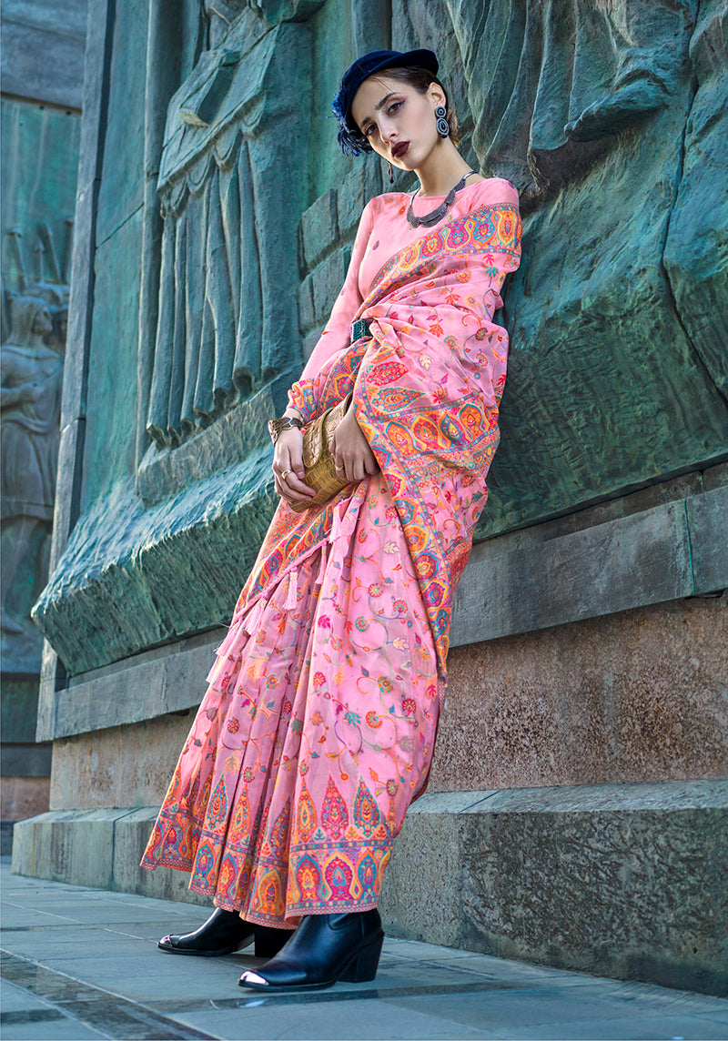 Monjolika Fashion Baby Pink Color Kashmiri Organza Pashmina Silk Saree With Blouse