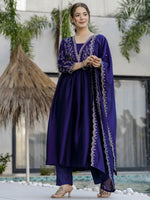 Thumbnail for The52 Blue Women's Beautiful Embroidered Vichitra Silk Fabric with Flared Kurta, Pant and Dupatta Set - Distacart
