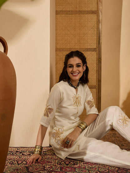 Joban Fashion Off White Silk Embroidered Readymade Kurta Set - Distacart