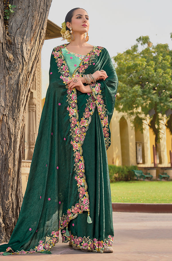 Monjolika Fashion Dark Green Colour Embroidered Organza Silk Party Saree