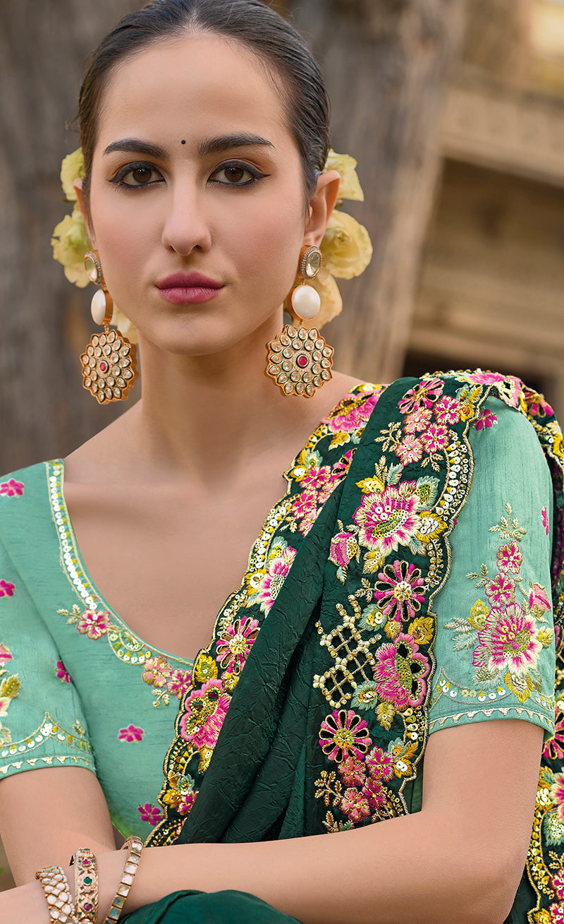 Monjolika Fashion Dark Green Colour Embroidered Organza Silk Party Saree