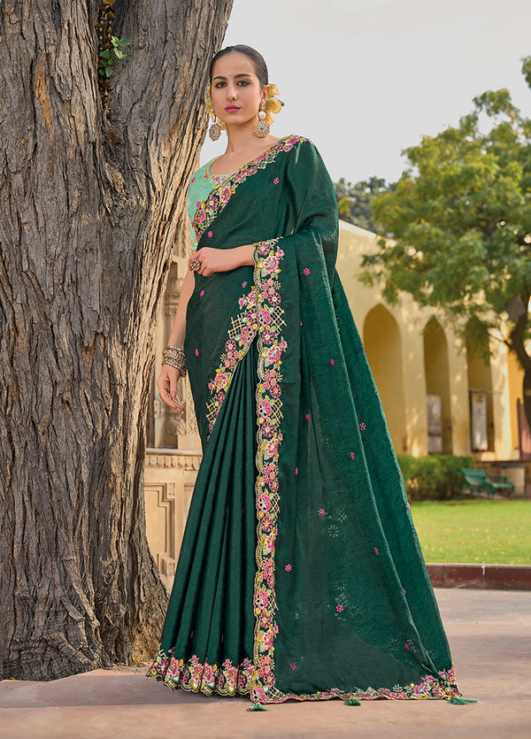 Monjolika Fashion Dark Green Colour Embroidered Organza Silk Party Saree