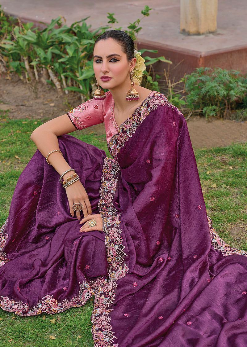 Monjolika Fashion Dark Purple Colour Embroidered Organza Silk Party Saree