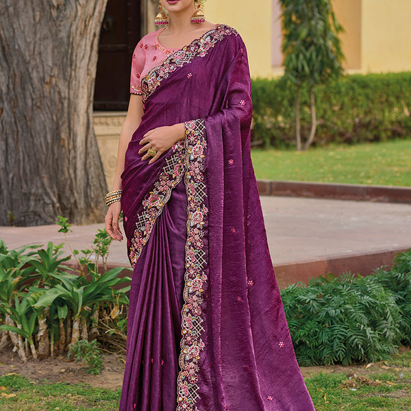 Monjolika Fashion Dark Purple Colour Embroidered Organza Silk Party Saree