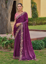 Thumbnail for Monjolika Fashion Dark Purple Colour Embroidered Organza Silk Party Saree