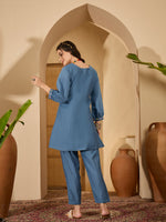 Thumbnail for Joban Fashion Blue Silk Embroidered Readymade Kurta Set - Distacart