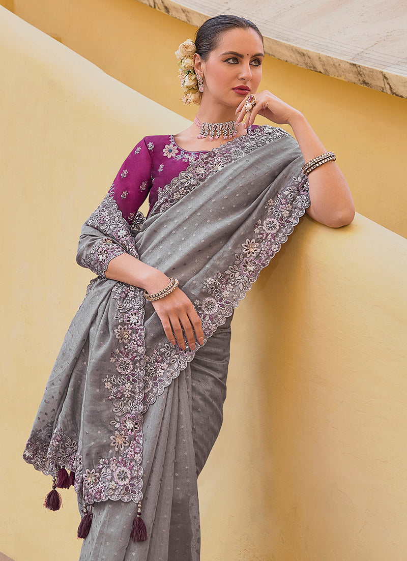 Monjolika Fashion Grey Colour Embroidered Organza Silk Party Saree