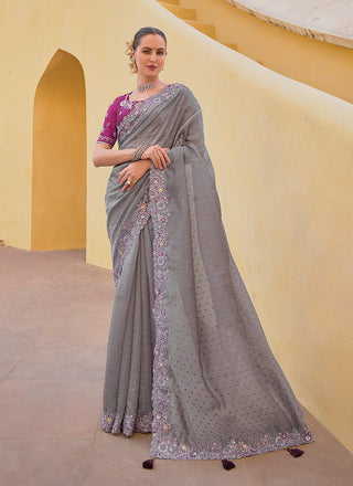 Monjolika Fashion Grey Colour Embroidered Organza Silk Party Saree