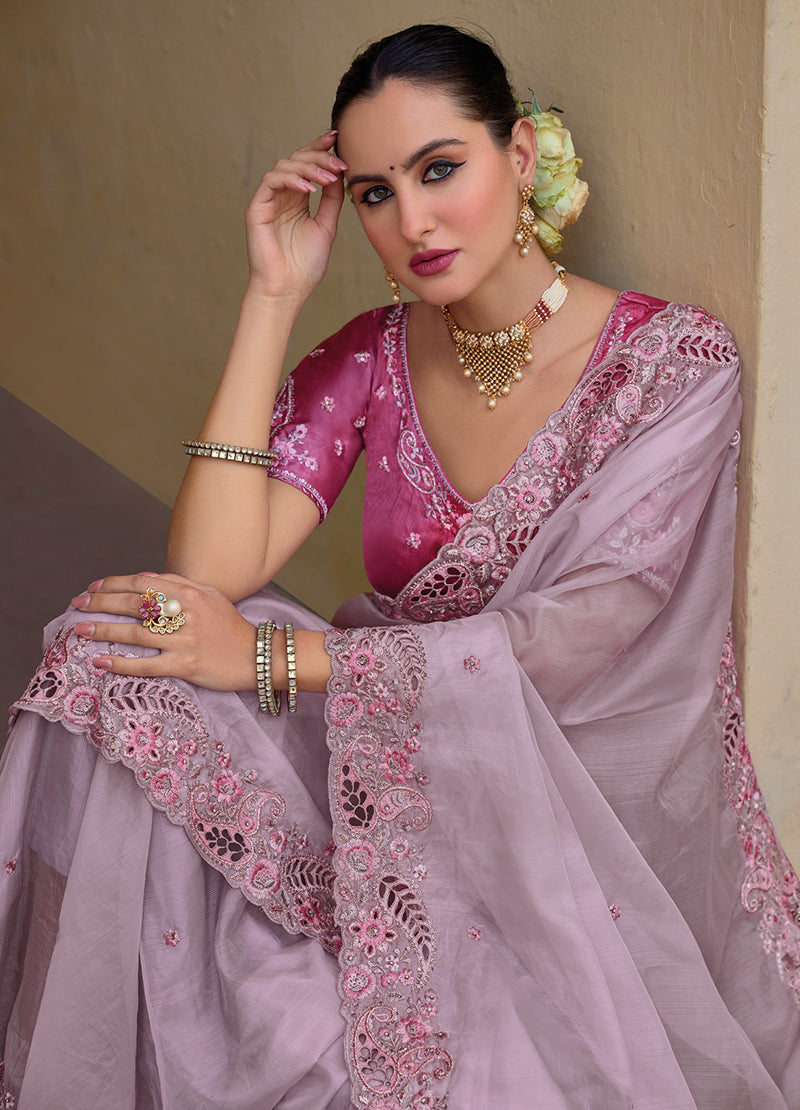 Monjolika Fashion Baby Pink Colour Embroidered Organza Silk Party Saree