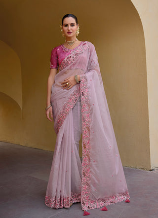 Monjolika Fashion Baby Pink Colour Embroidered Organza Silk Party Saree