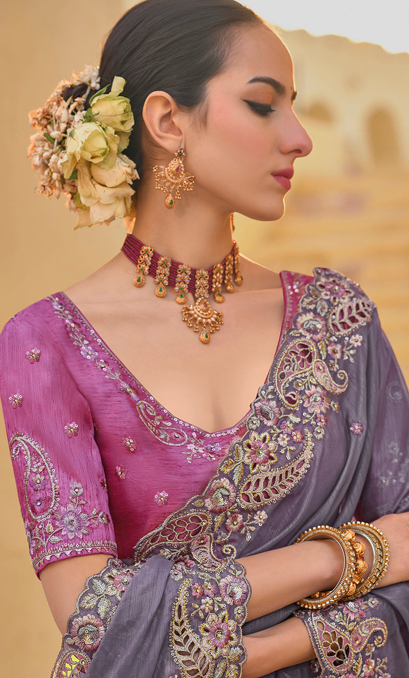 Monjolika Fashion Dark Grey Colour Embroidered Organza Silk Party Saree