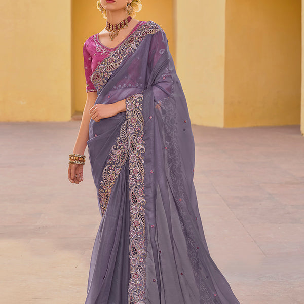 Monjolika Fashion Dark Grey Colour Embroidered Organza Silk Party Saree