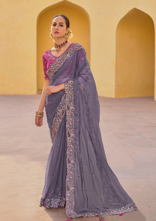 Monjolika Fashion Dark Grey Colour Embroidered Organza Silk Party Saree