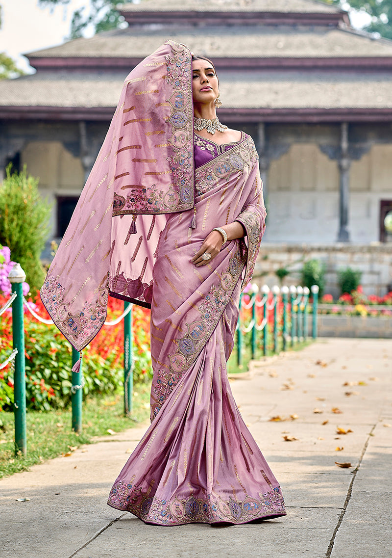 Monjolika Fashion Mauve Colour Banarasi Silk Embroidered Woven Saree With Blouse