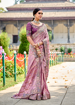 Monjolika Fashion Mauve Colour Banarasi Silk Embroidered Woven Saree With Blouse
