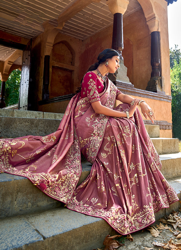 Monjolika Fashion Dark Mauve Colour Banarasi Silk Embroidered Woven Saree With Blouse