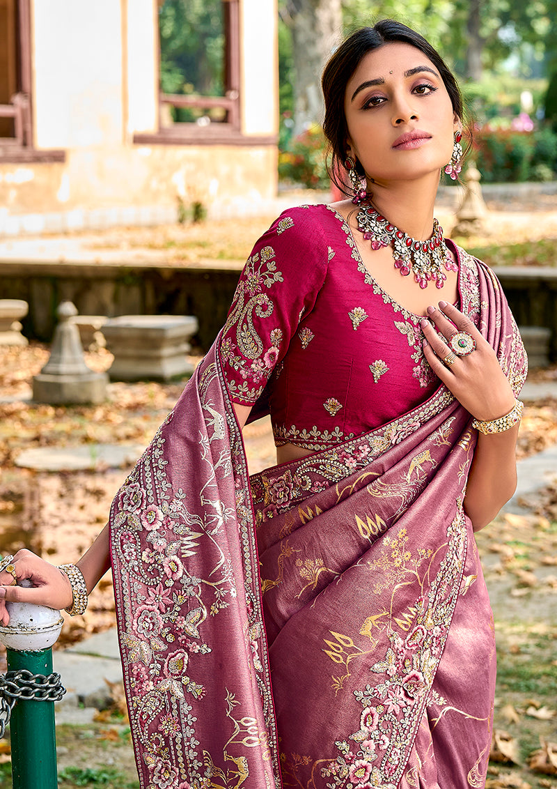 Monjolika Fashion Dark Mauve Colour Banarasi Silk Embroidered Woven Saree With Blouse
