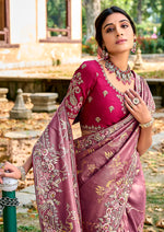Thumbnail for Monjolika Fashion Dark Mauve Colour Banarasi Silk Embroidered Woven Saree With Blouse