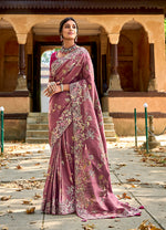 Thumbnail for Monjolika Fashion Dark Mauve Colour Banarasi Silk Embroidered Woven Saree With Blouse