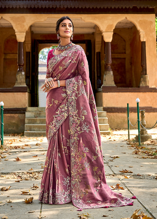 Monjolika Fashion Dark Mauve Colour Banarasi Silk Embroidered Woven Saree With Blouse