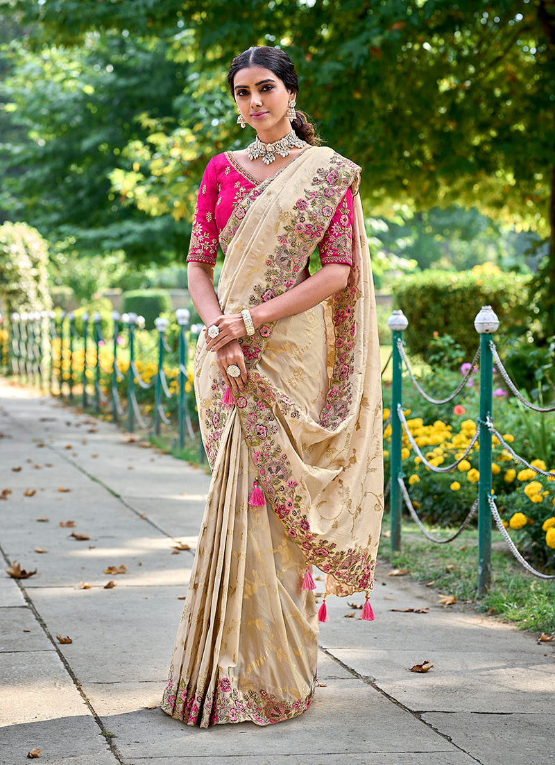 Monjolika Fashion Cream Colour Banarasi Silk Embroidered Woven Saree With Blouse