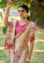 Thumbnail for Monjolika Fashion Cream Colour Banarasi Silk Embroidered Woven Saree With Blouse
